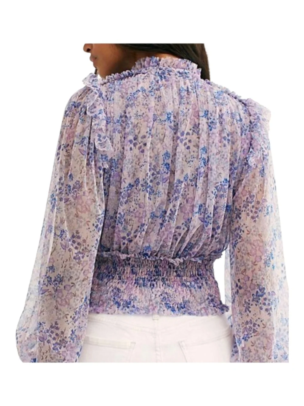 Free People Sheer Lavender Floral Ruffle Tie-Neck Blouse